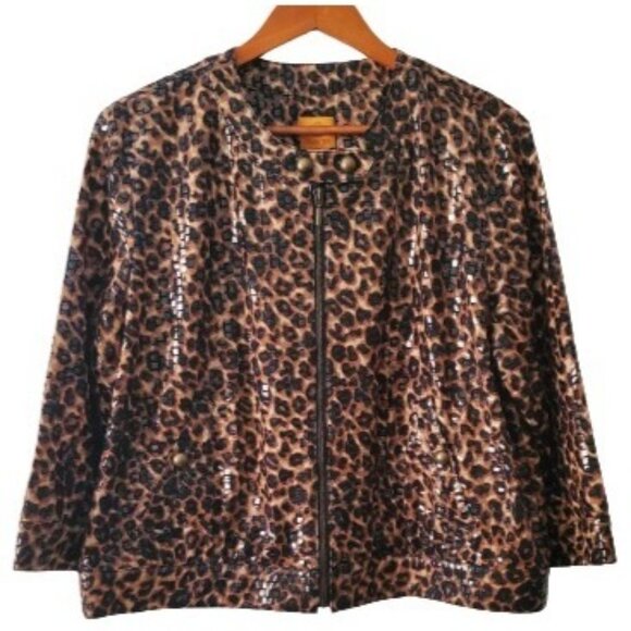 Rudy Rd. Shiny Textured Cheetah Print Zip Front Crop Bomber Jacket Women's Sz 18 - Picture 1 of 11